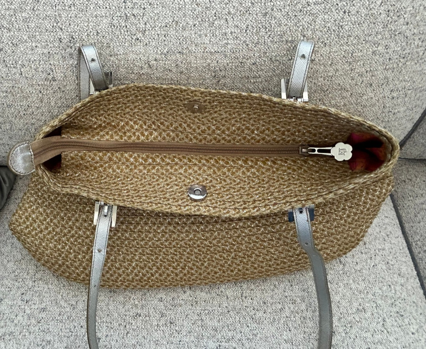 ERIC JAVITS Straw Shoulder Bag Pewter Leather Trim Silver Hardware Vary Clean EJ