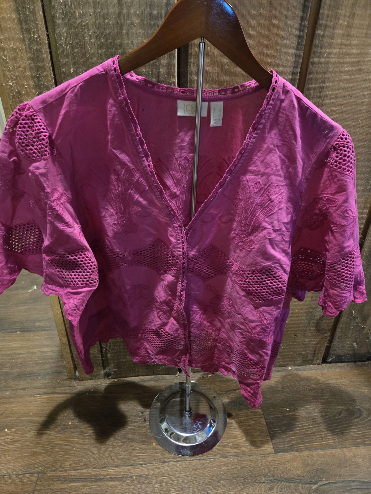 LOGO by Lori Goldstein Eyelet Lace Cropped Jacket Crushed Berry L New