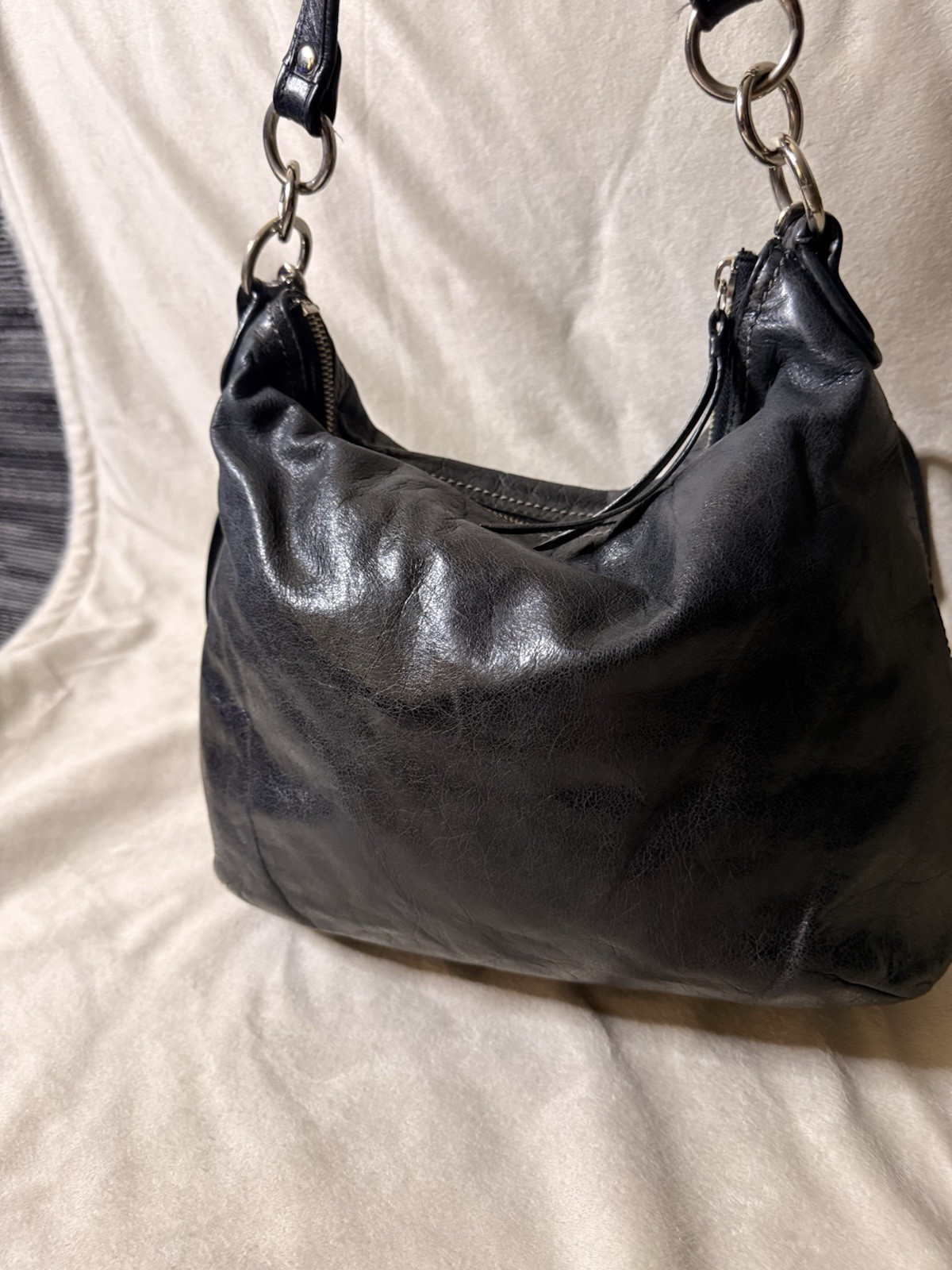 Coach Black Shoulder Bag Turn Lock Zip Top Detachable Strap Pockets Silver