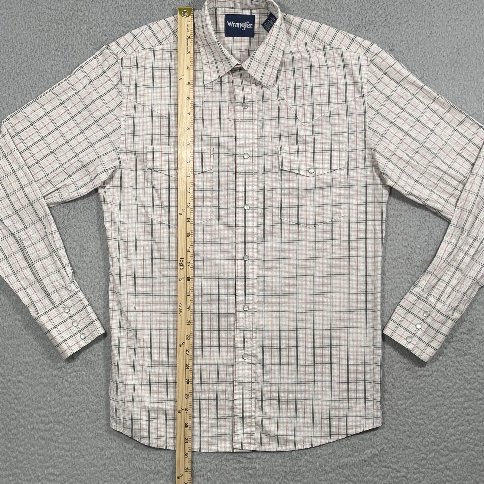 Wrangler Pearl Snap Shirt Mens Small Western Beige Red Plaid Cowboy Rodeo