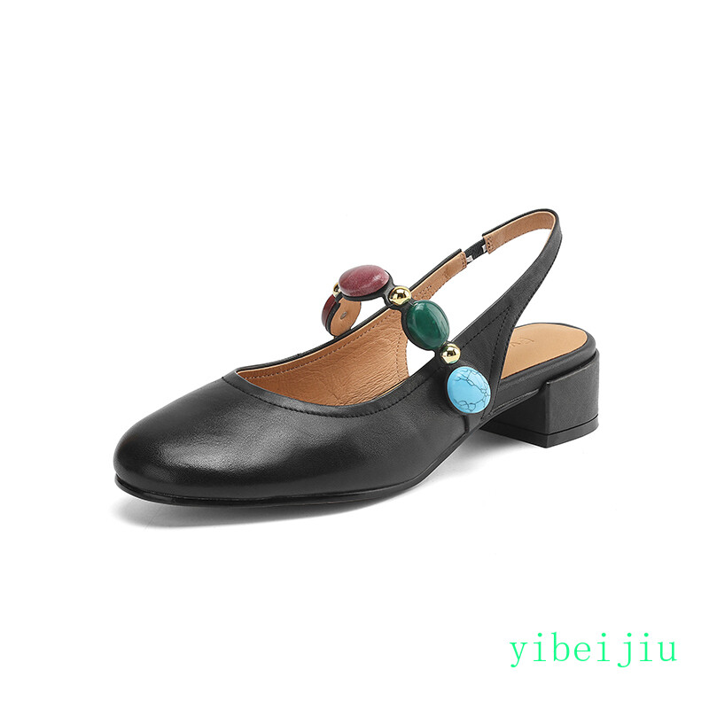 Women’s Low Heel Slingback Real Leather Sandals Stone Comfort Casual Shoes Boho