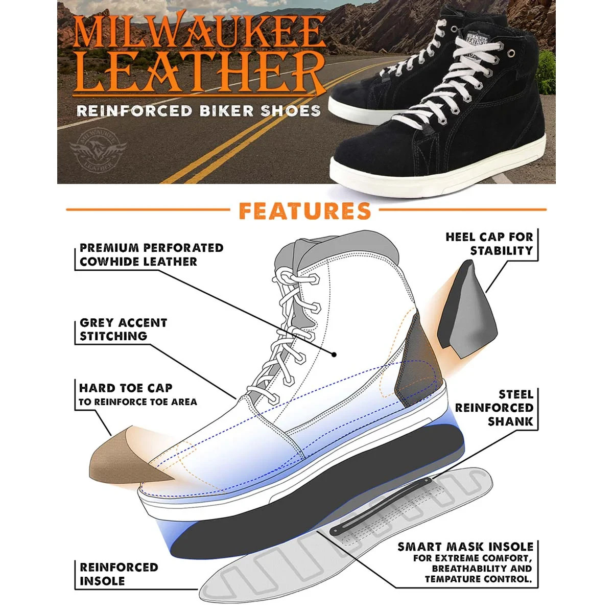 Milwaukee Leather MBM9106 Men’s Black Perforated Leather and Grey Stitching Shoe