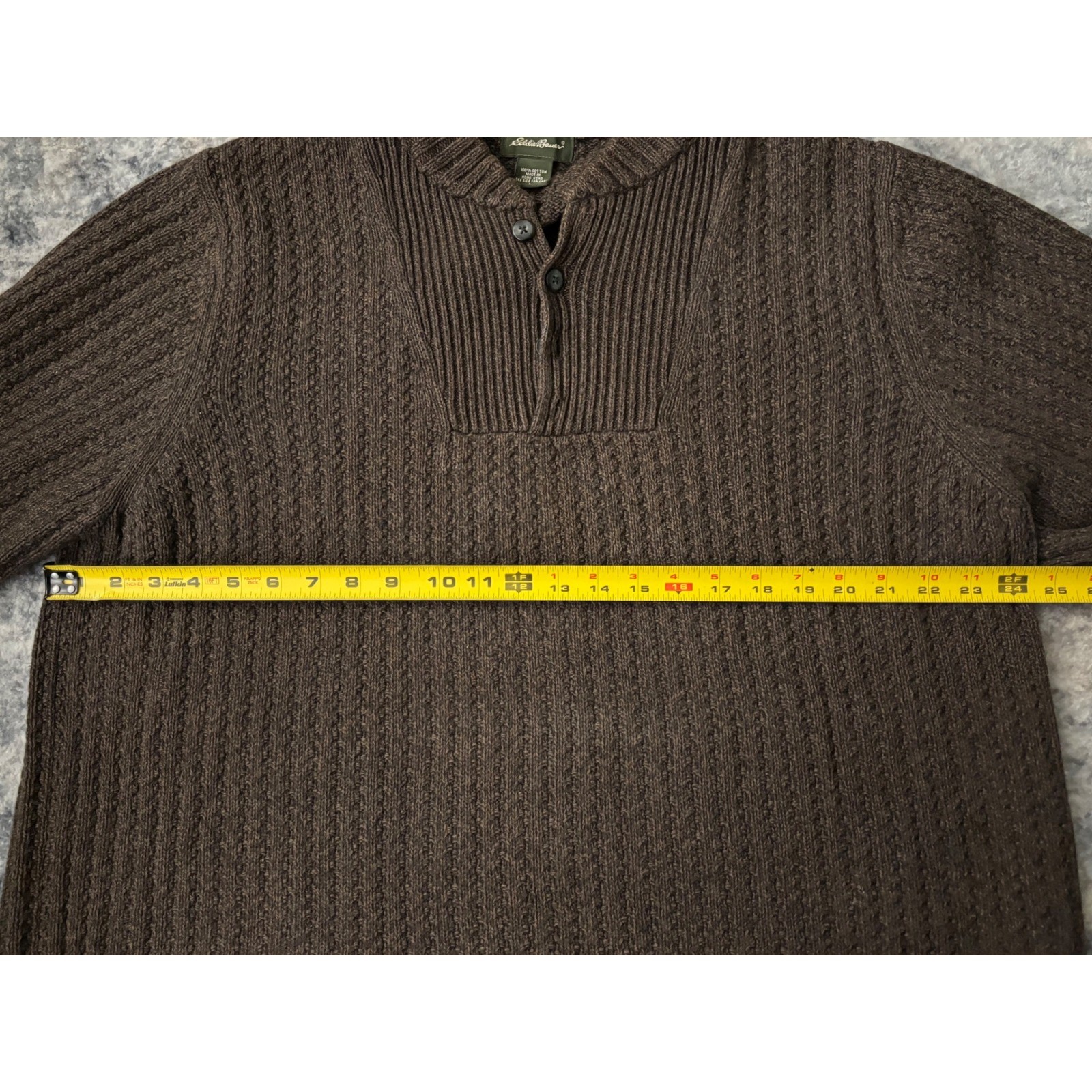 Vtg Eddie Bauer Fisherman Henley Sweater Mens L Brown Chunky Cable Knit Cotton