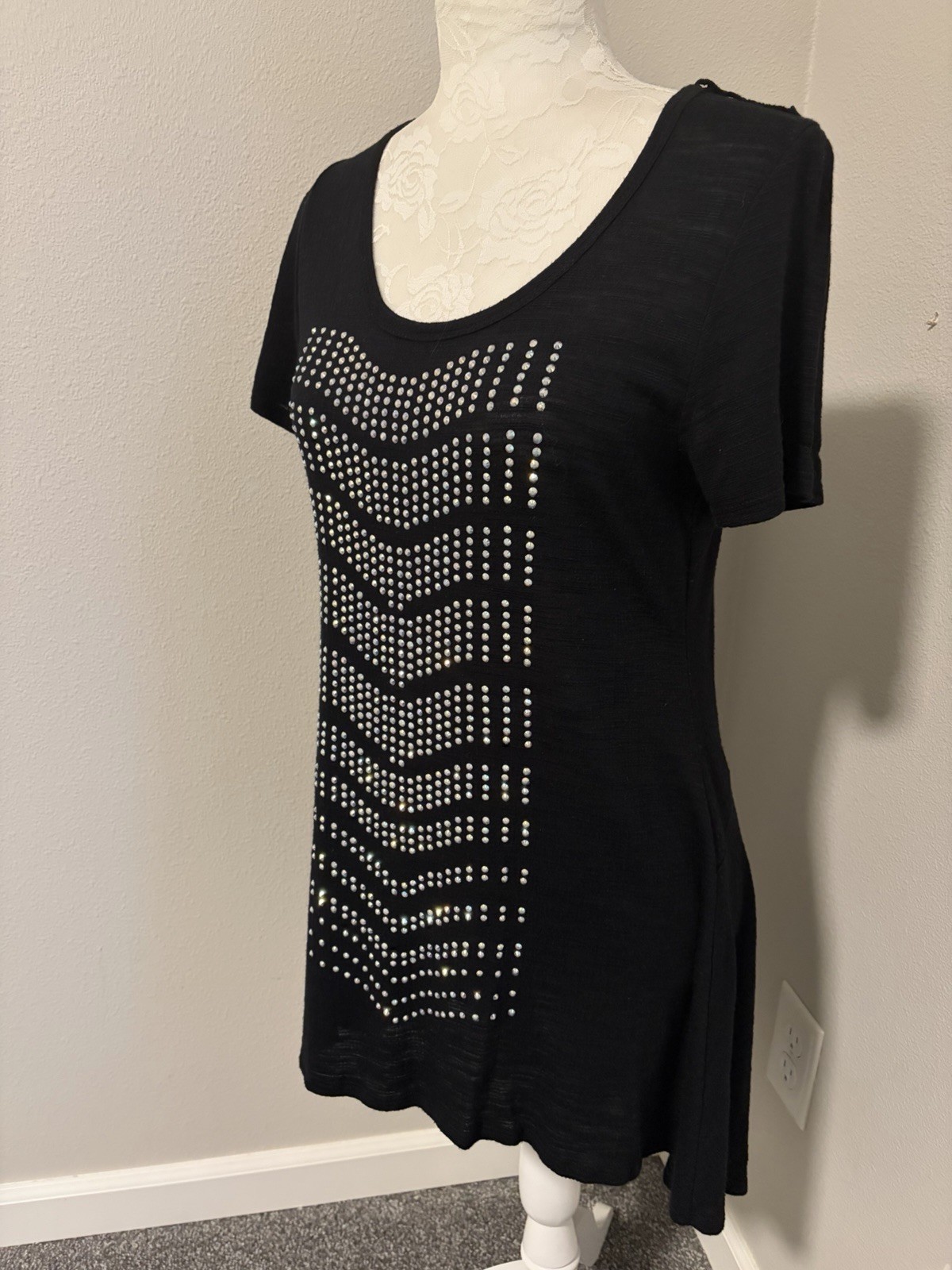 Vocal Black Knit Crystal Studded Tunic Top~ M~Hi Low Lace Back Whimsigoth Rocker