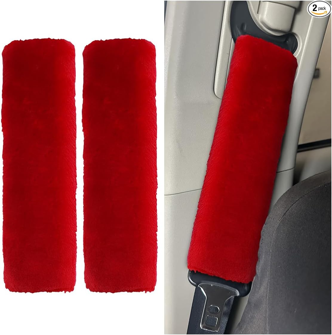 2PCS Soft Faux Sheepskin Car Seat Belt Cover Pads, Universal Fluffy Color: Red