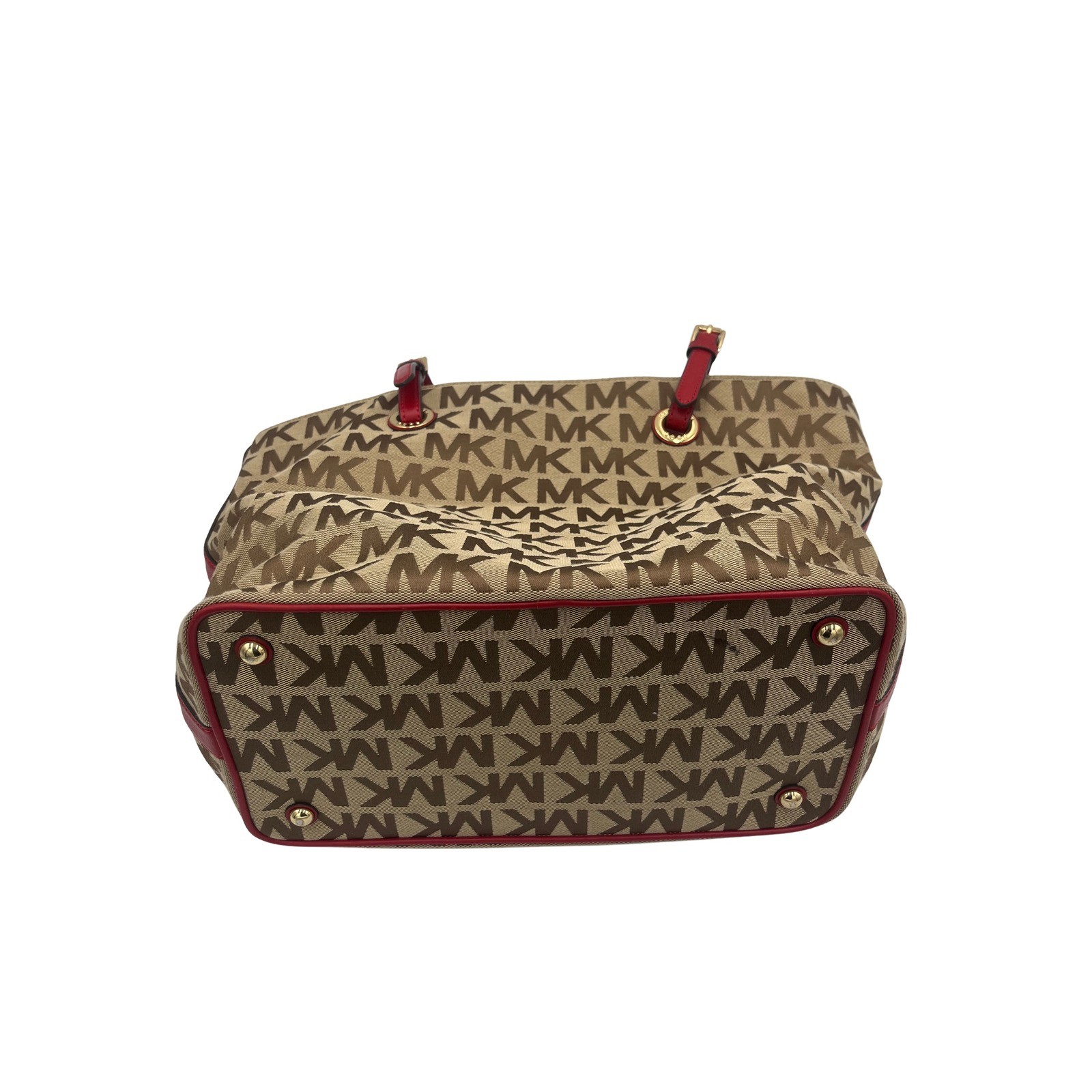 Michael Kors Monogram Jacquard Tote Bag Beige Red Leather Gold Hardware BFSQ1K