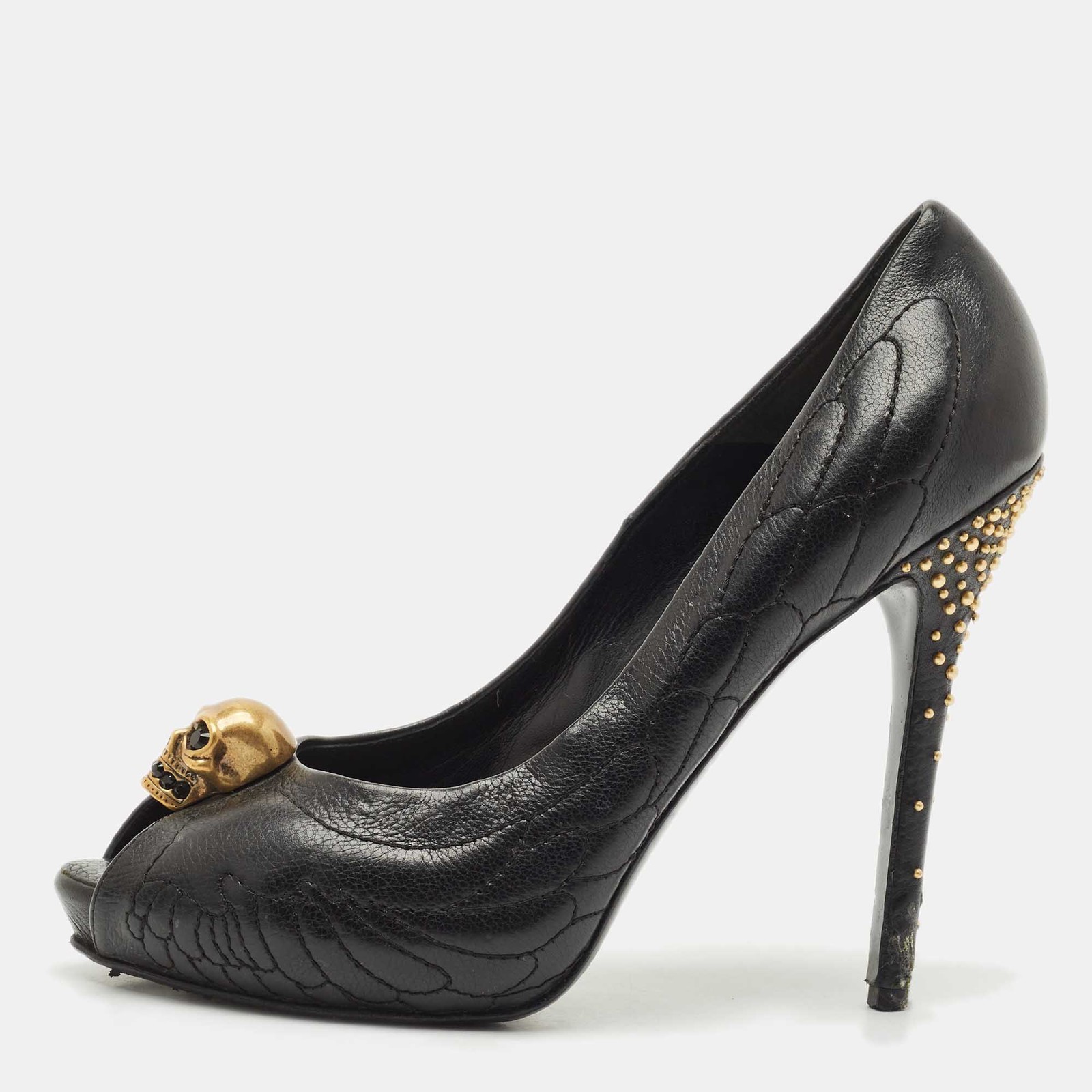 Alexander McQueen Black Leather Crystal Embellished Skull Detail Peep Toe