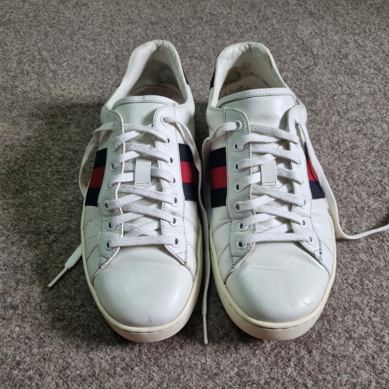 Gucci Shoes Men Ace Sneakers White Leather Navy Red Web Stripe Gucci Size 9 US