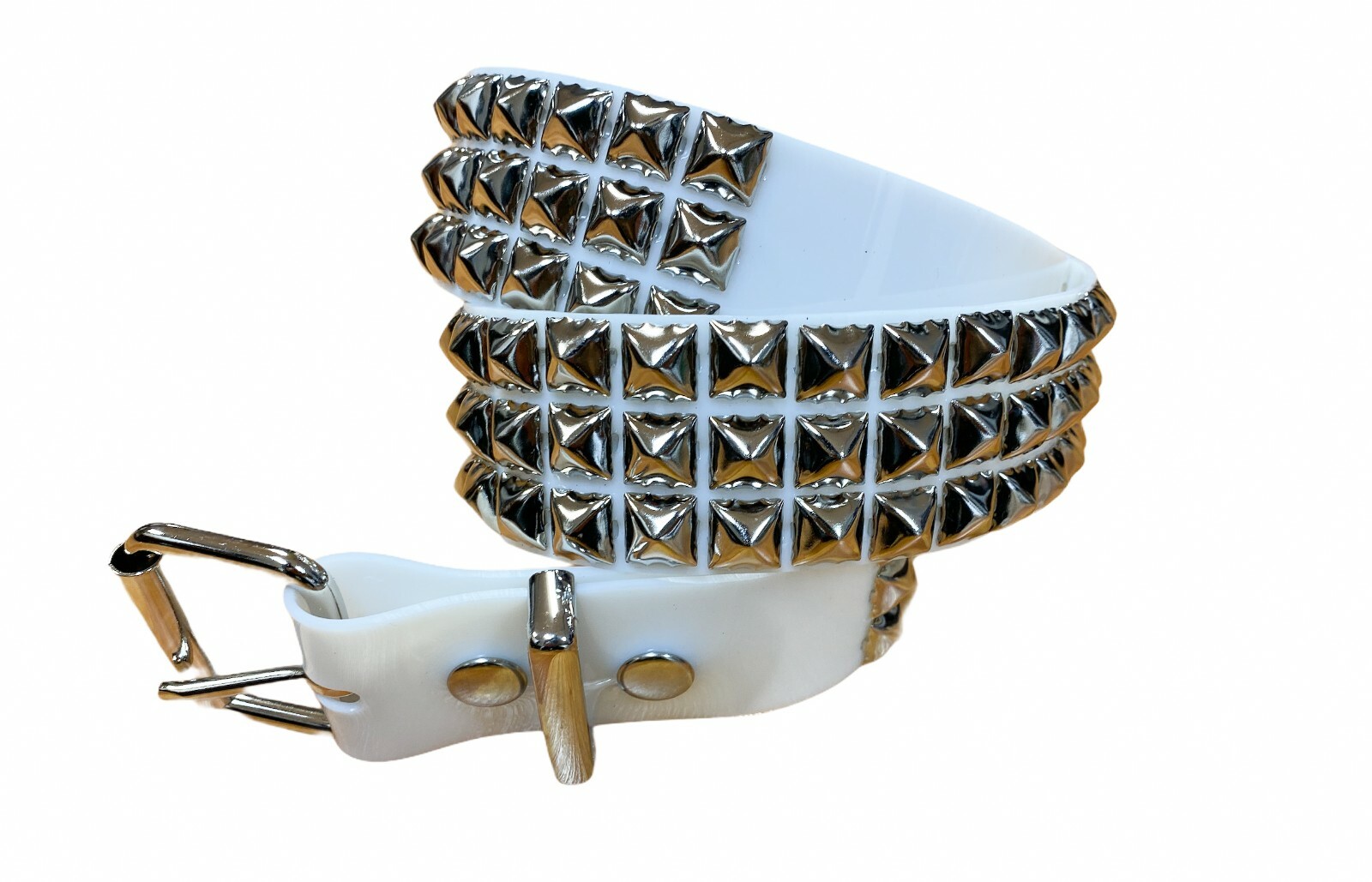 White Vinyl PVC Three Row Silver Pyramid Stud Belt Punk Goth Metal Funk Plus