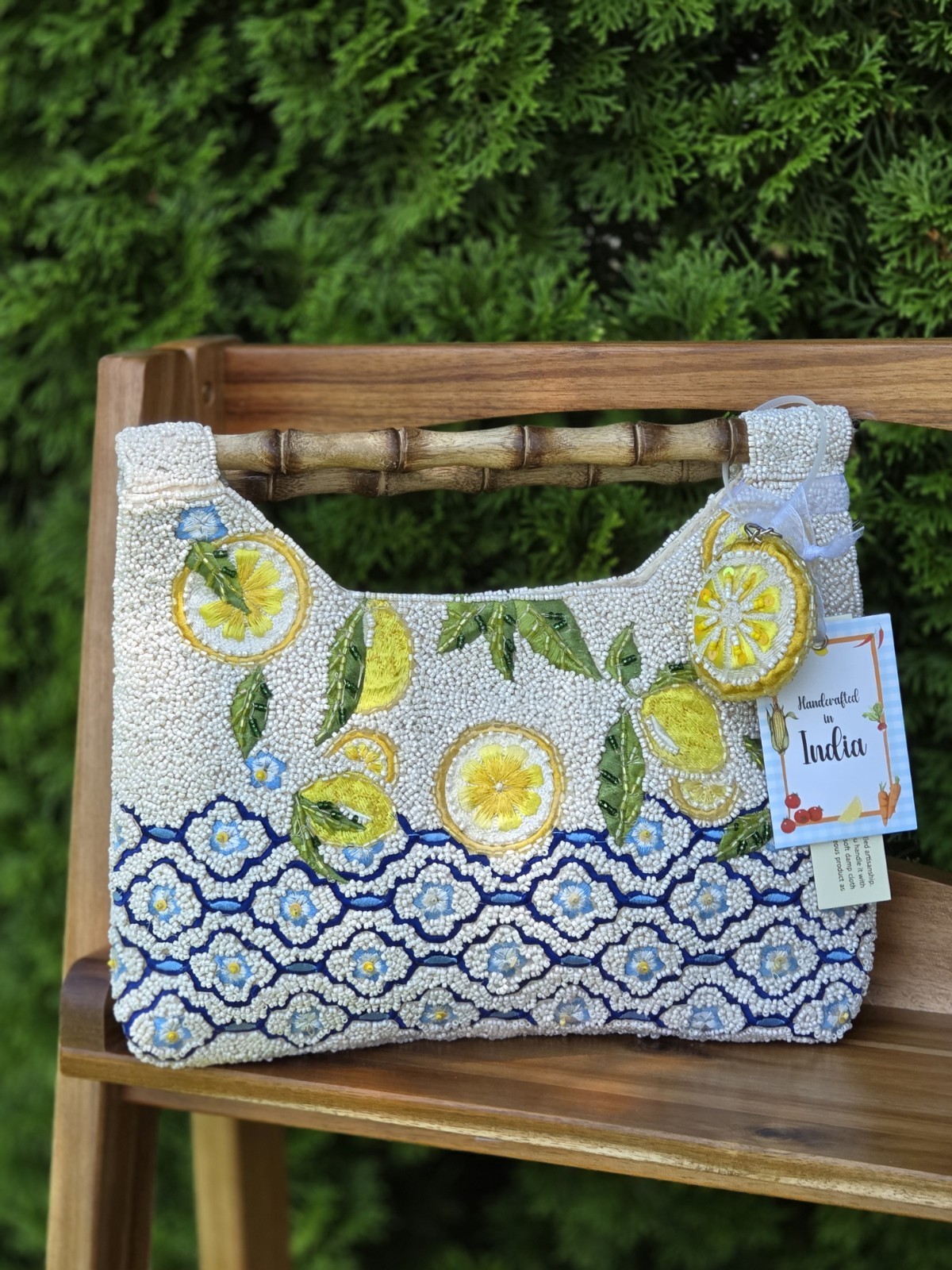Viral, Handcrafted In India Beaded bag, Lemon Design w/ Bamboo free dust bag
