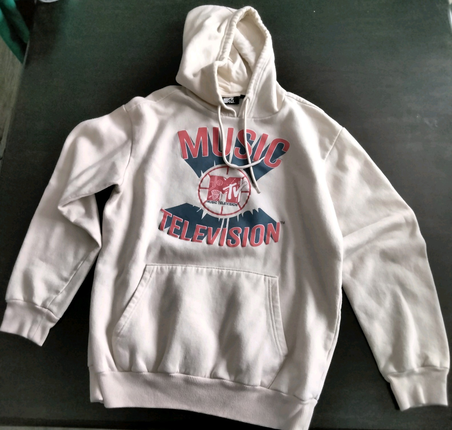 MTV Hoodie Double Sided Basketball Graphic Sweatshirt Unisex Medium Cream Color