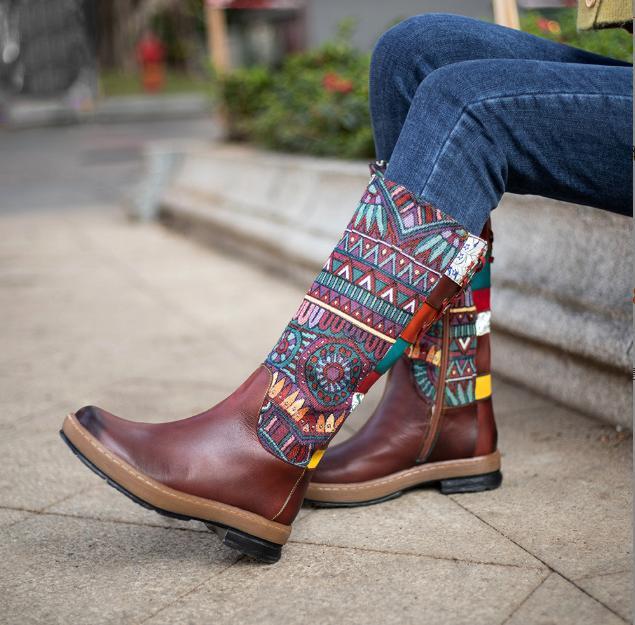 Womens Boho Leather Splicing Knee High Boots Zip Lace Up Shoes Casual Ethnic