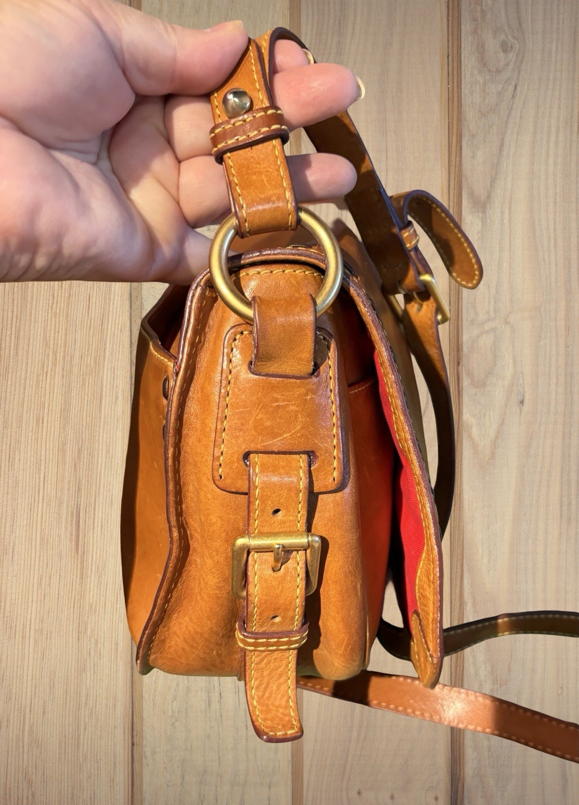 Dooney Bourke Brown Florentine Vacchetta Leather Saddle Messenger Shoulder Bag