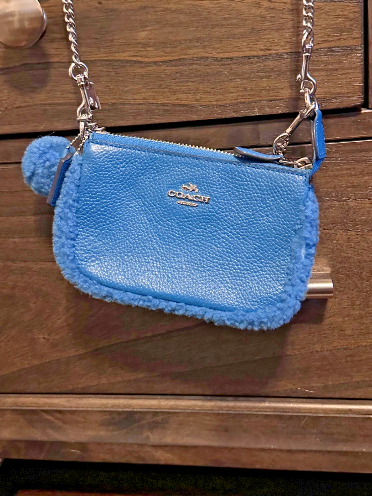 Coach 65191 Nolita 15 Peacock Blue Pebble Leather Shearling Wristlet Chain Bag