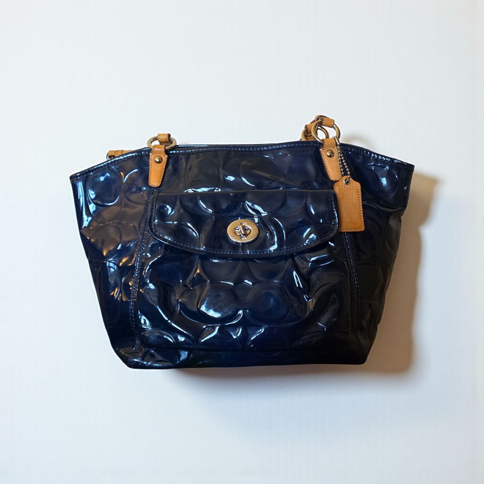 Coach Leah Navy Blue Patent Leather Tote Bag F14663 Embossed Logo Turnlock Large