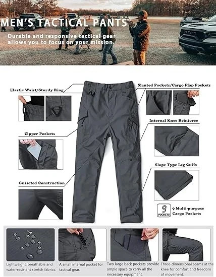 Mens Cargo Pants Work Combat Pants Outdoor Hiking Waterproof Trousers Tactical