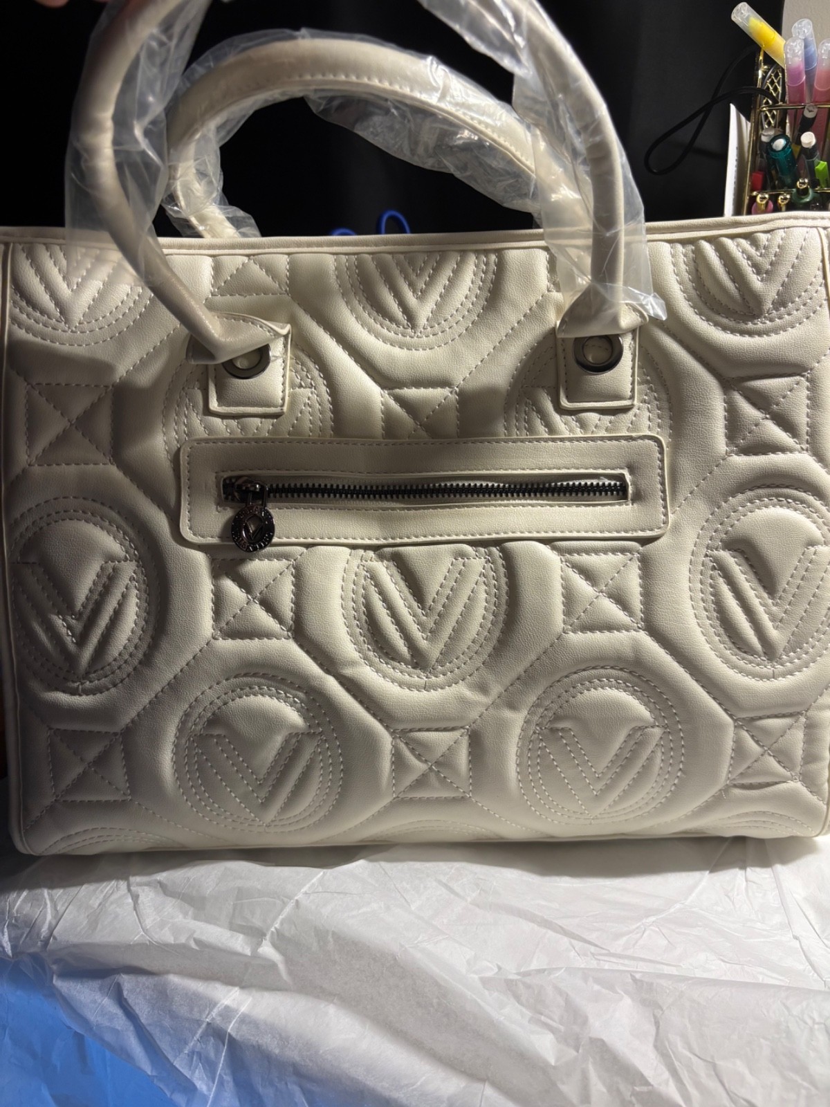 NWT Valentino Orlandi Large Quilted Tote Bag With Matching Wallet White
