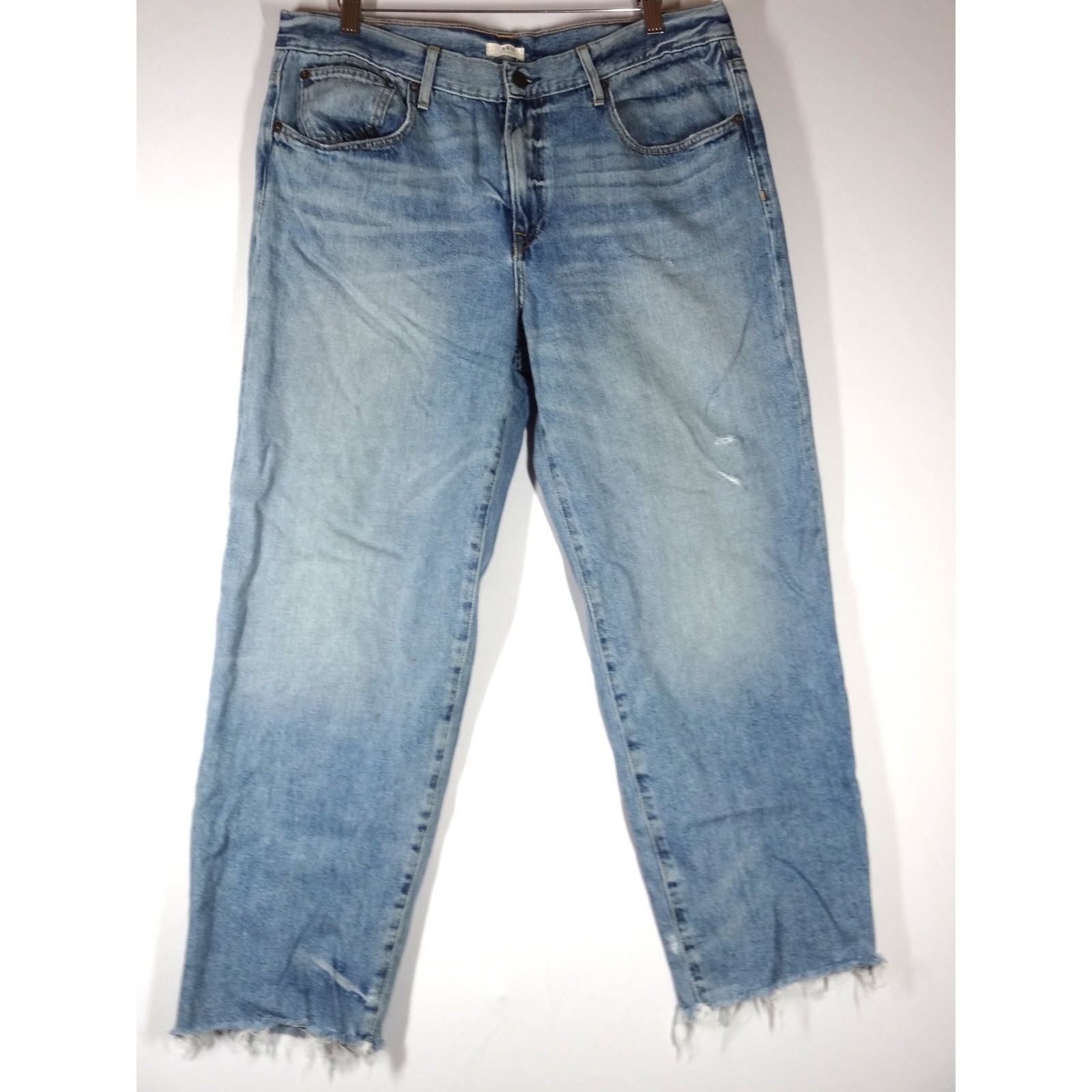 ABLE Straight Leg Jeans Women 31 Light Blue Raw Hem Distressed High Rise Casual