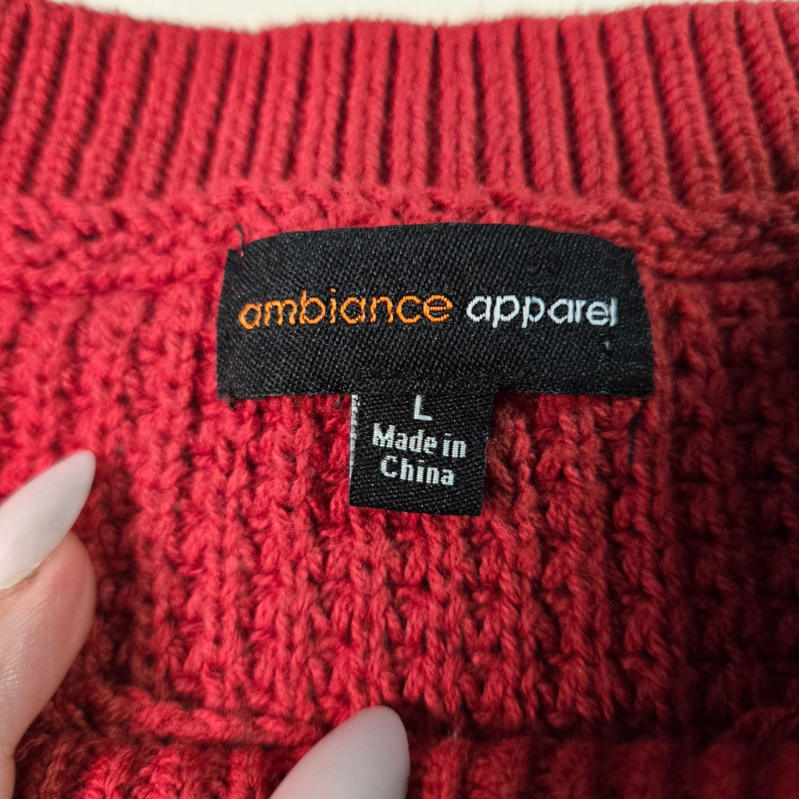 Ambiance Apparel Red Waffle Knit Crewneck Sweater Large Style 65950