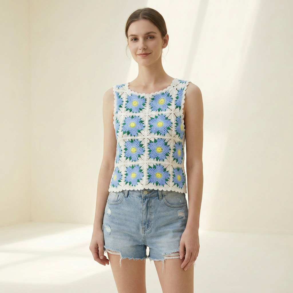 Retro Floral Crochet Crop Top