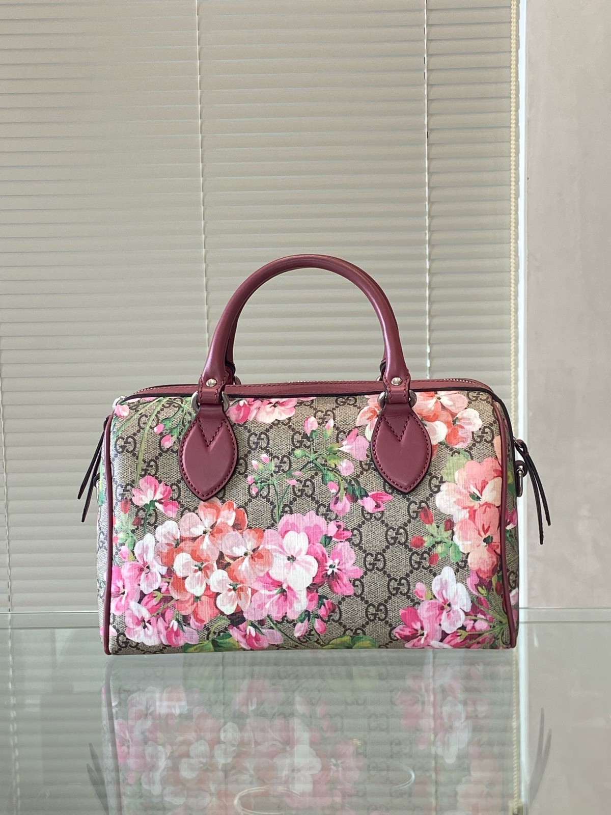 AUTH Gucci GG Blooms Supreme Canvas Pink Floral Boston Bag Crossbody Bag Silver