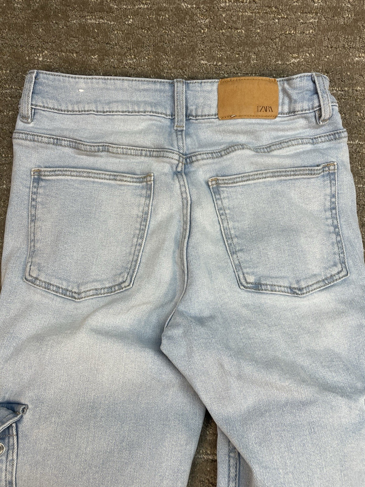 Zara Size 13–14 Cm 164 Adjustable Waist Cargo Jeans Light Wash Raw Hem
