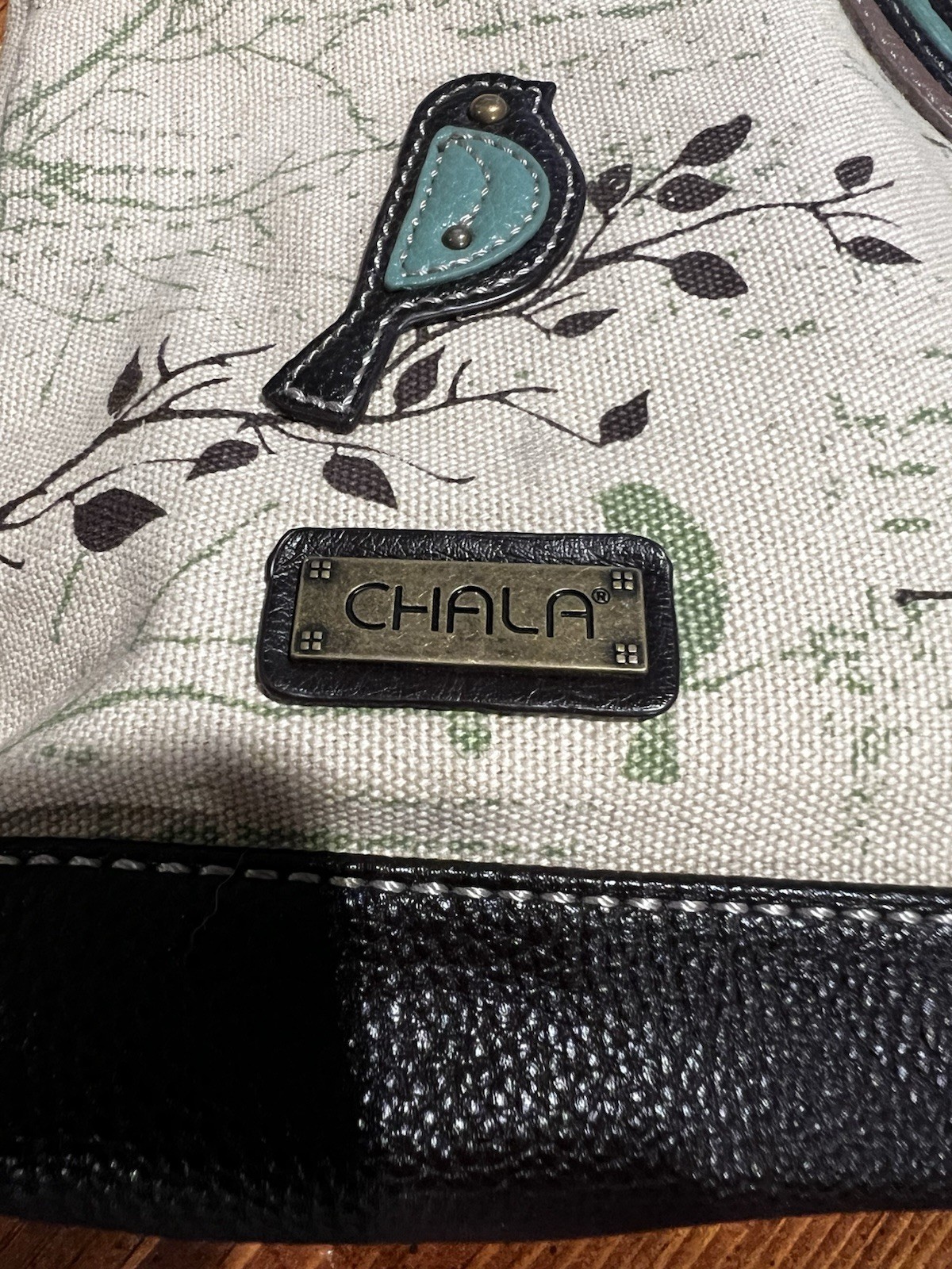 CHALA Bird Applique Crossbody Canvas Bag Zip Closure Beige/Black/Blue/Gold