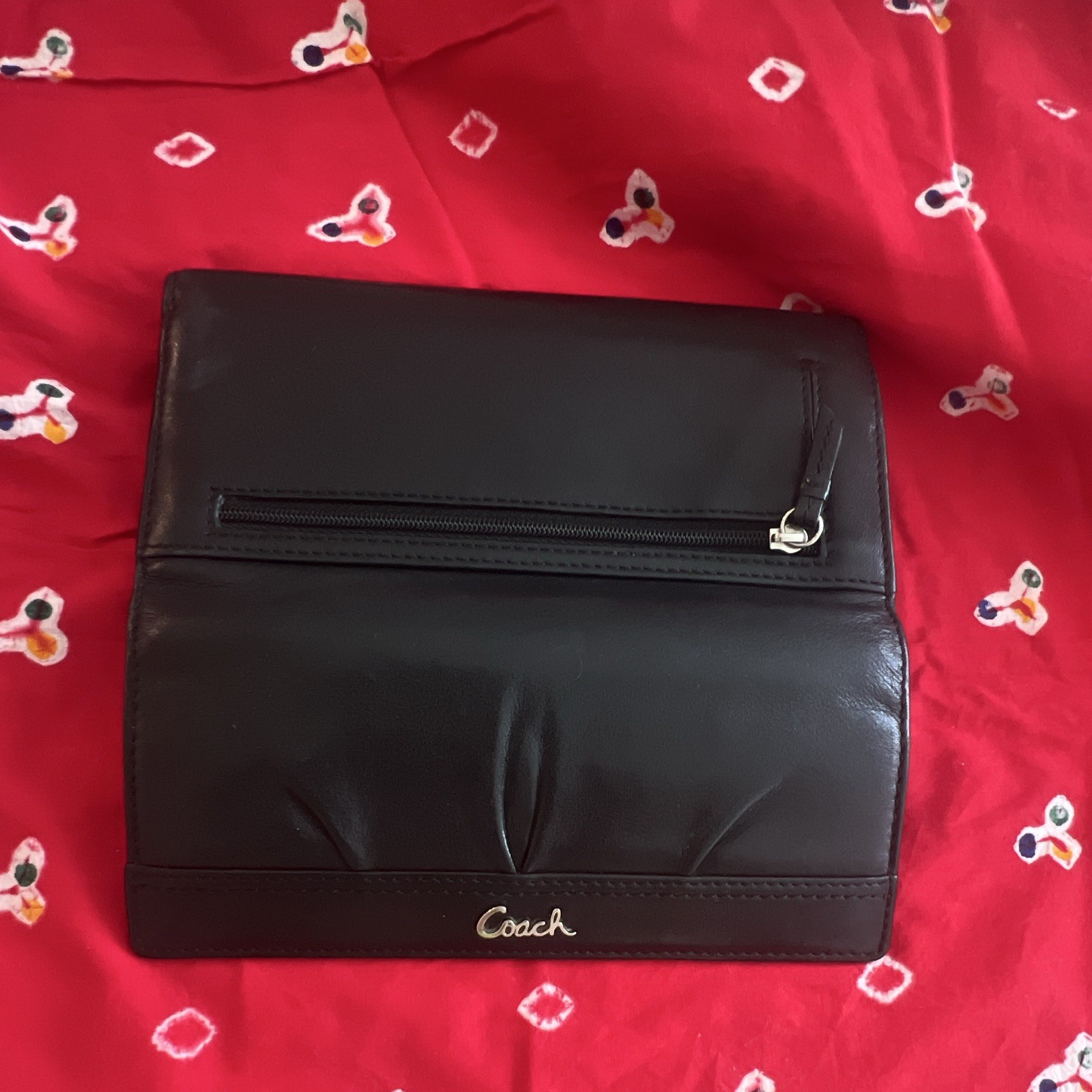 Coach Black Checkbook Folding Wallet with Zip Coin Pocket Logo for Women