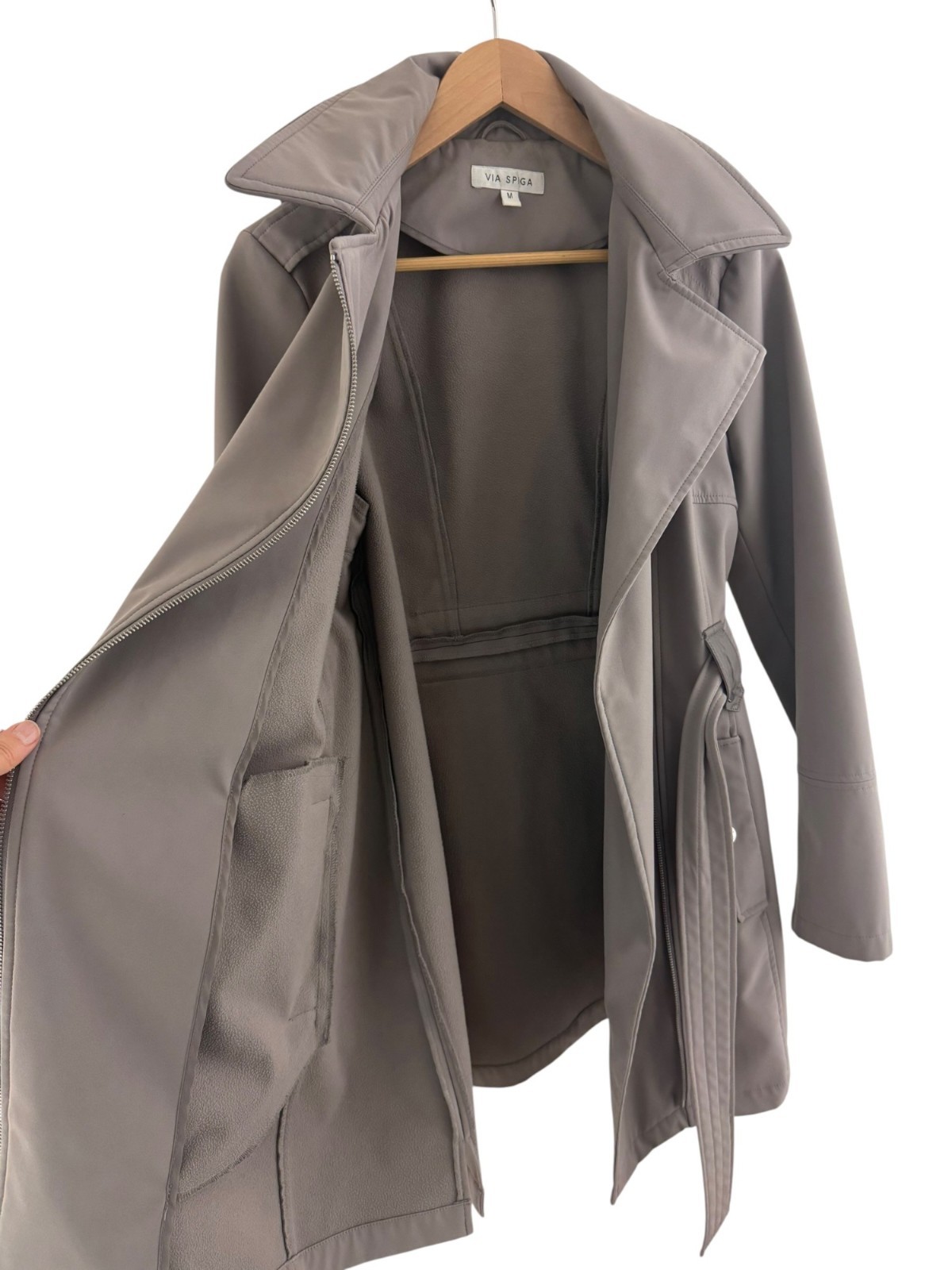Via Spiga Soft Shell Asymmetrical Zip Belted Coat Gray Hooded Sz M Trench Jacket