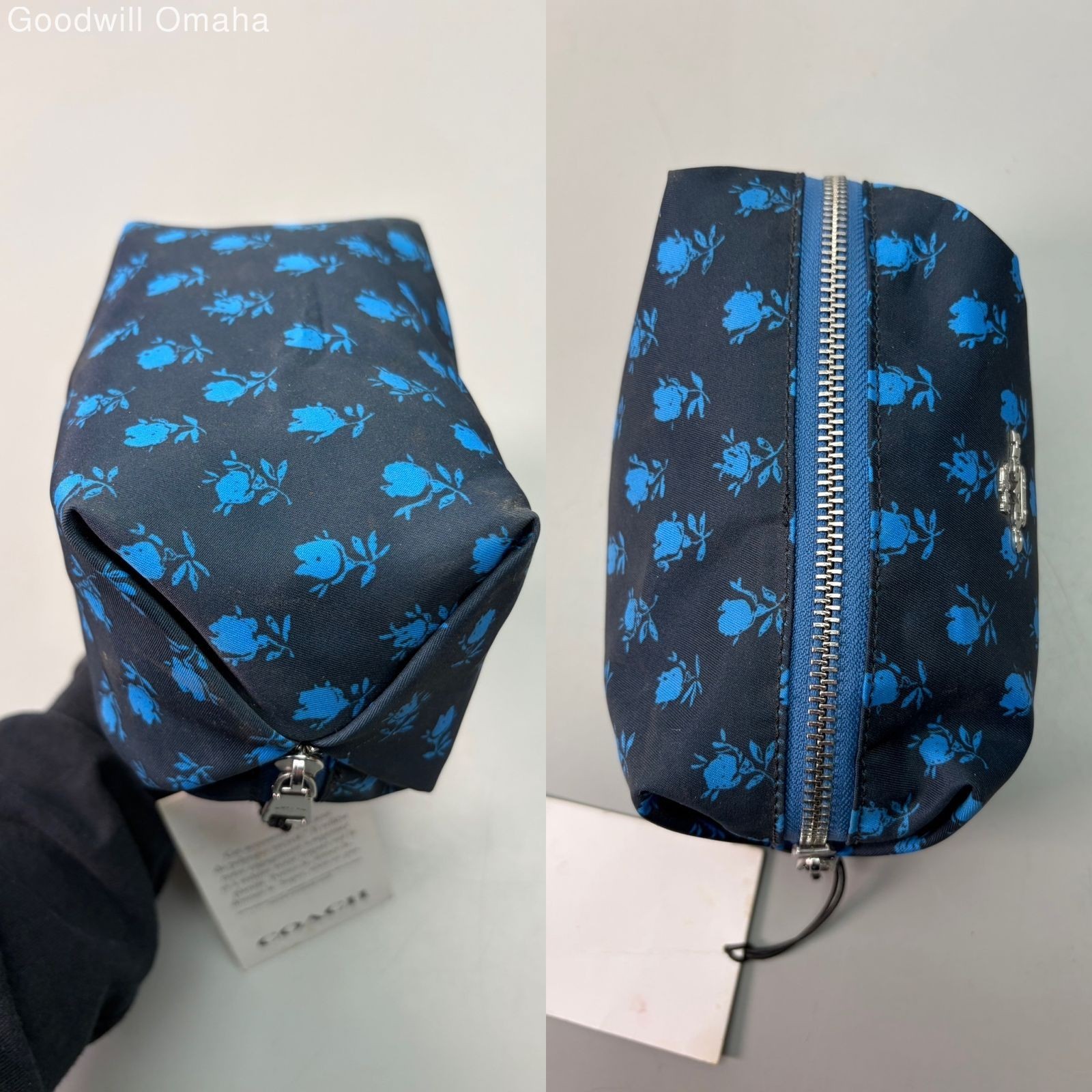 Authentic Coach Blue Floral Badland Print Boxy Cosmetic Case / Bag #C5583 w/ COA