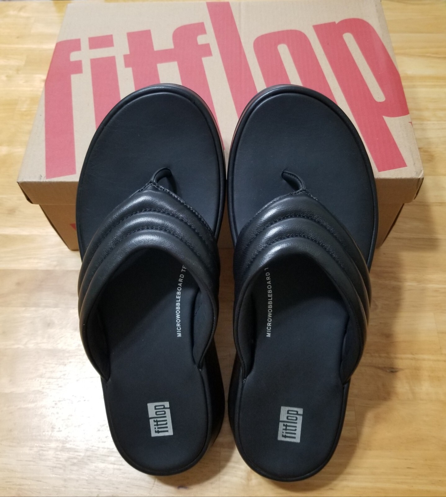 NIB FitFlop F-MODE Padded Leather Flatform Toe-Post sandals black size 10 $180