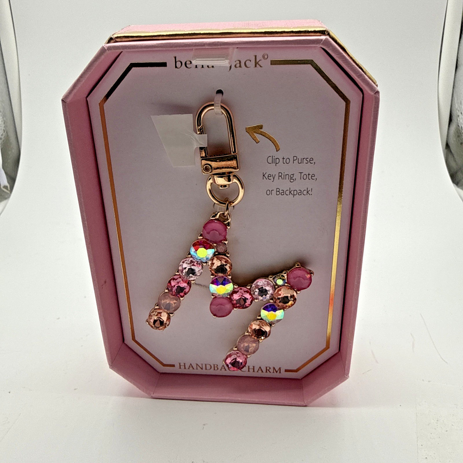 Bella Jack Handbag Charm Keychain “M” Pink Sparkle Gold-tone Secure Clip