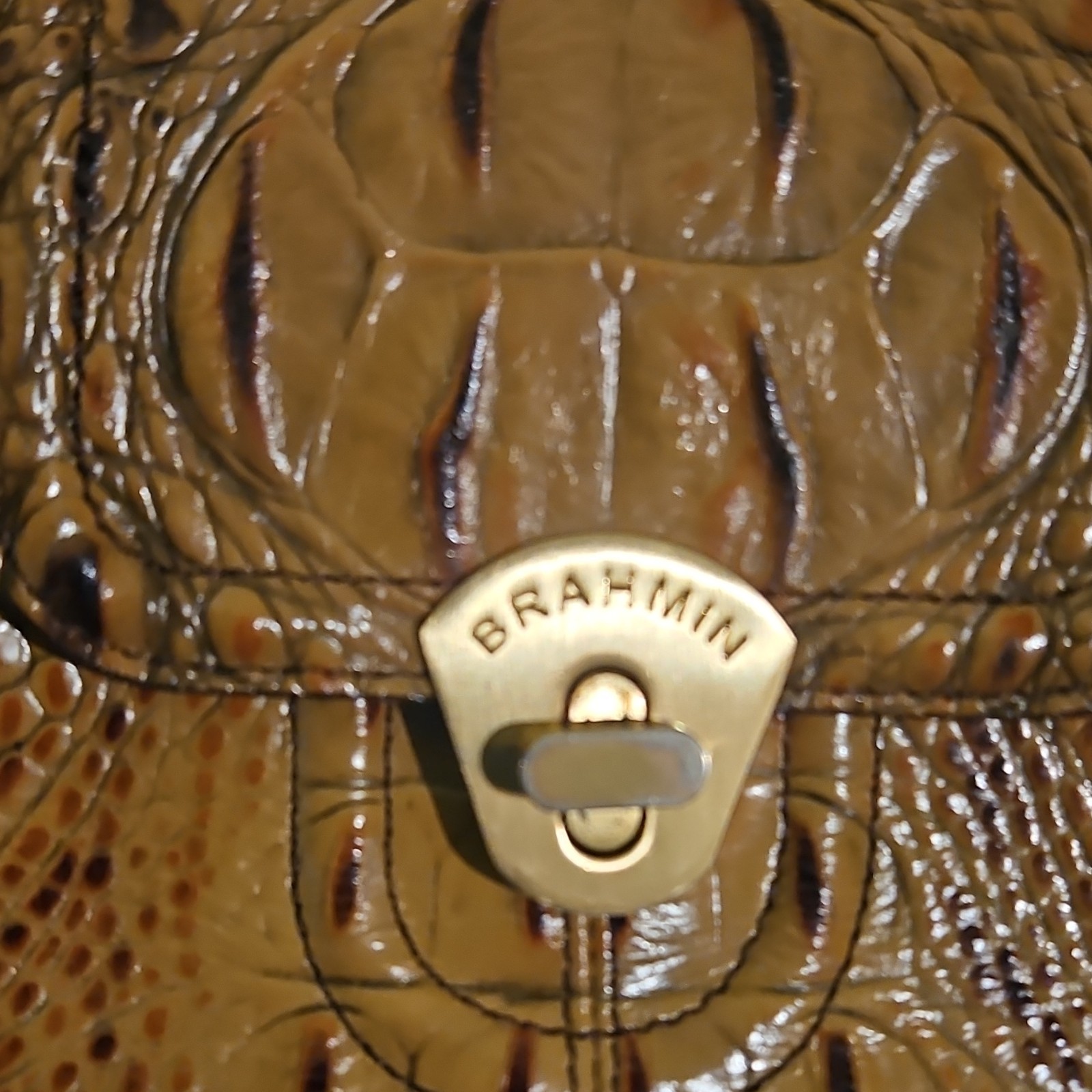Brahmin Brown Embossed Animal Print Large Tote Turn Lock Zip Gold Charm