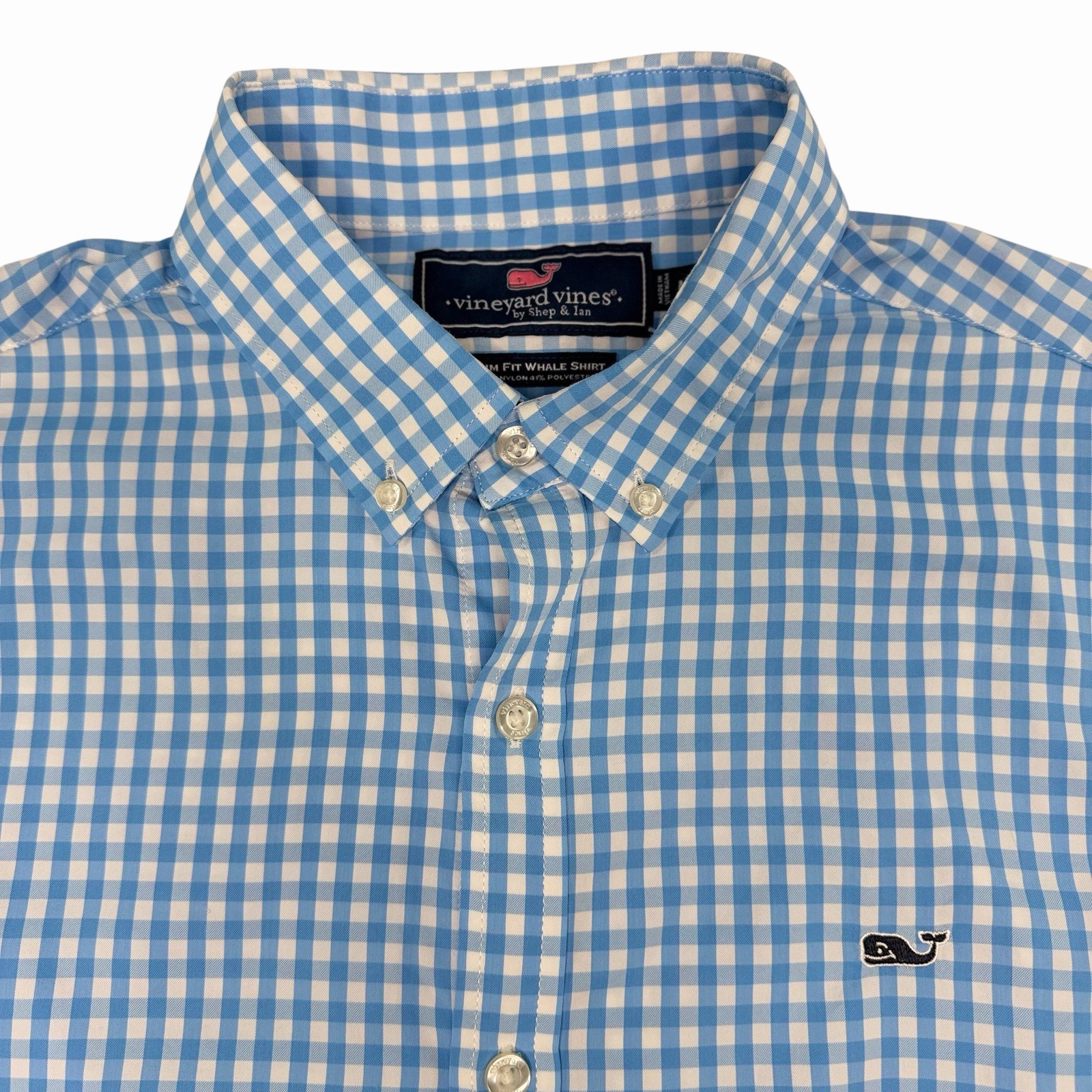 Vineyard Vines Mens M Blue Check Slim Fit Whale Long Sleeve Shirt Nylon/Poly