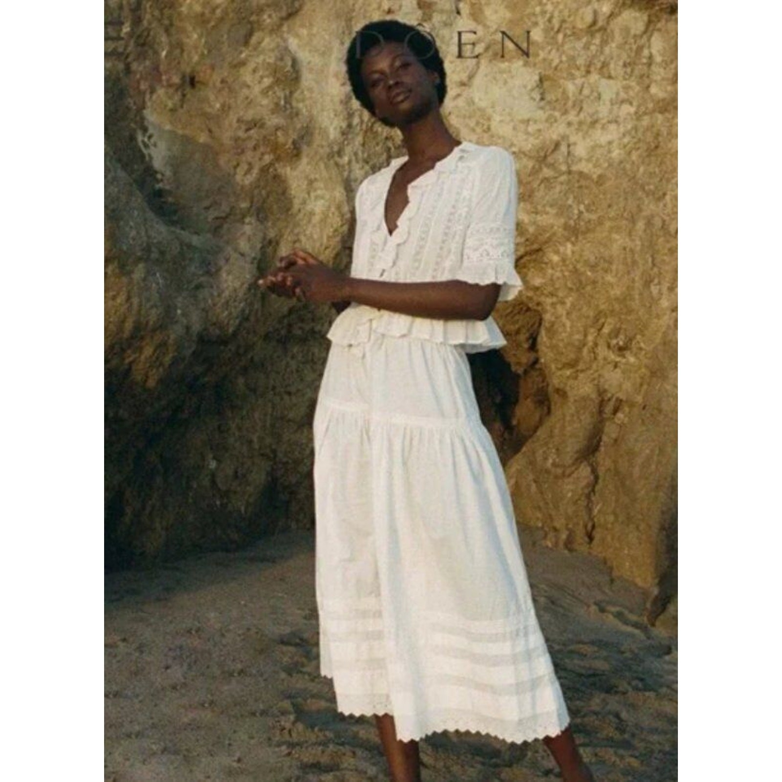 DOEN Sz M Medium Sebastiane Skirt Midi Scalloped Ivory Powder A-Line