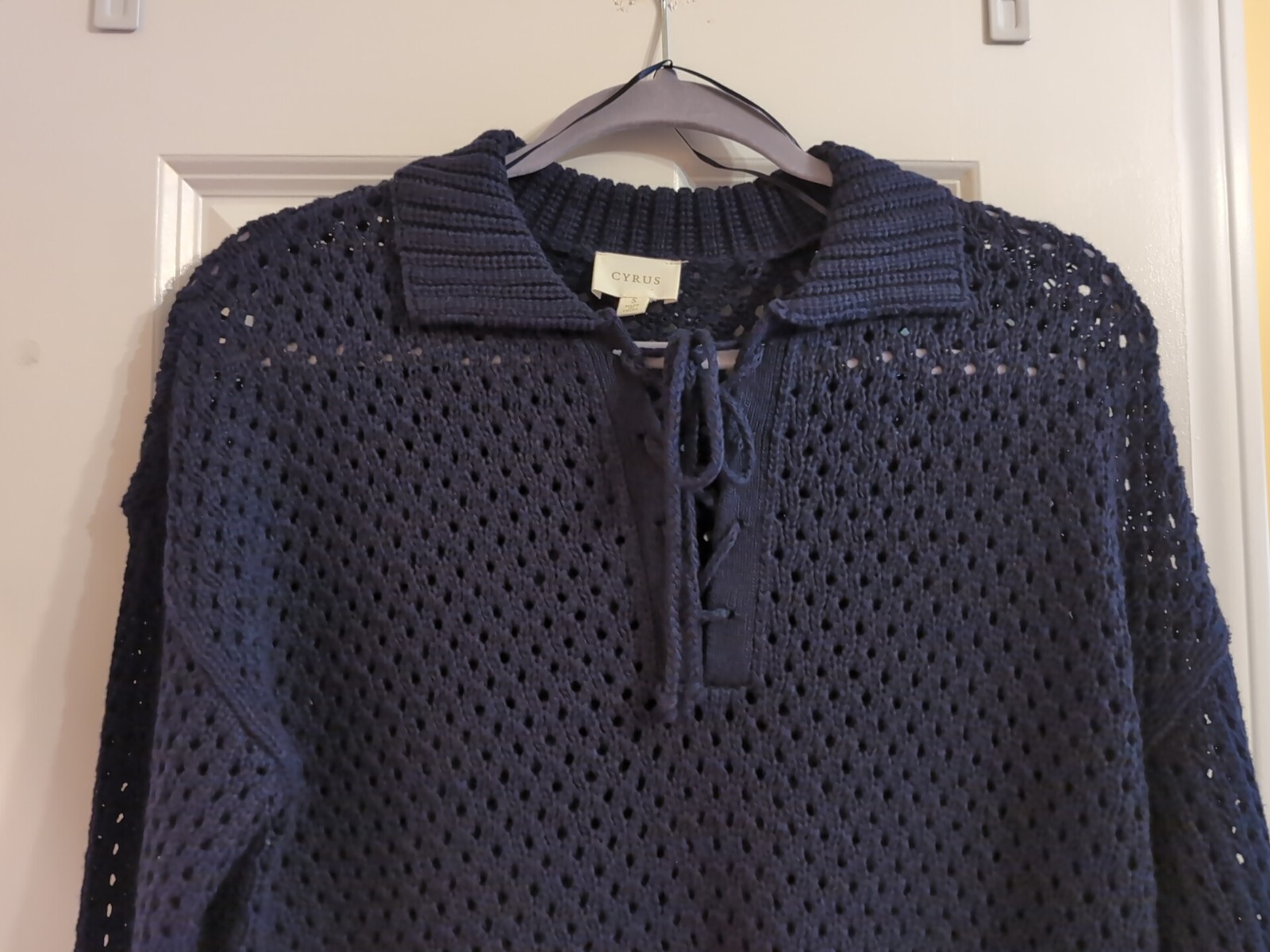 NAVY Blue PULL OVER SWEATER TEXTURED CROCHET COTTON BLEND WOMEN SZ Small,New