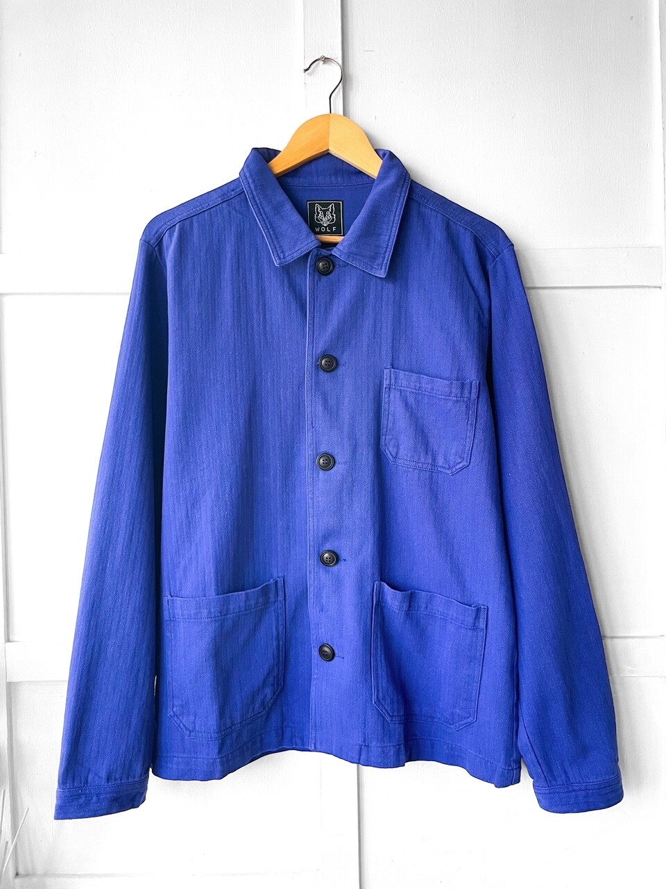 Herringbone French Chore Jacket 60s Style Bugatti Blue Washed Cotton Twill