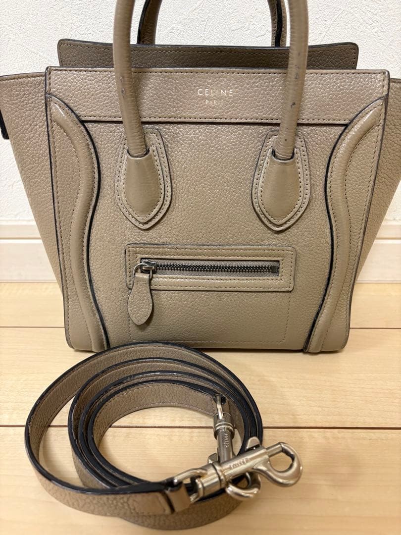 CELINE Luggage Nano Drummed Calf Leather Beige Vintage Authentic From Japan