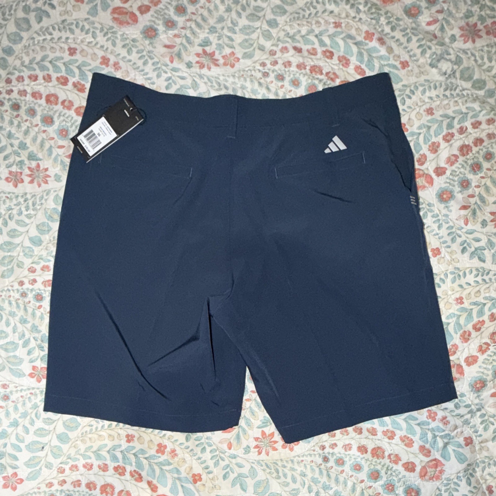 adidas Men’s Navy Woven Shorts Polyester Elastane Button Flat Front Solid Logo