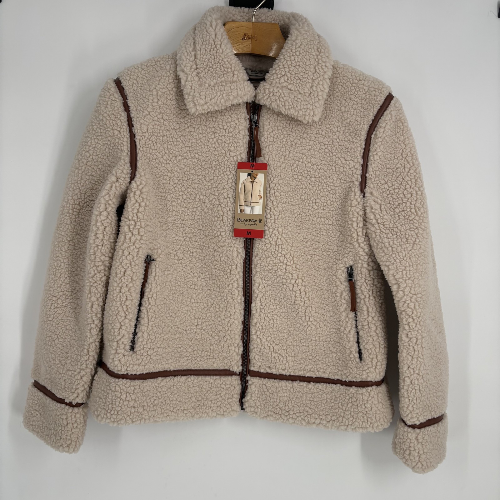 Bearpaw Jacket Womens Medium Beige Sherpa Faux Fur Full Zip Brown Trim Cozy Warm