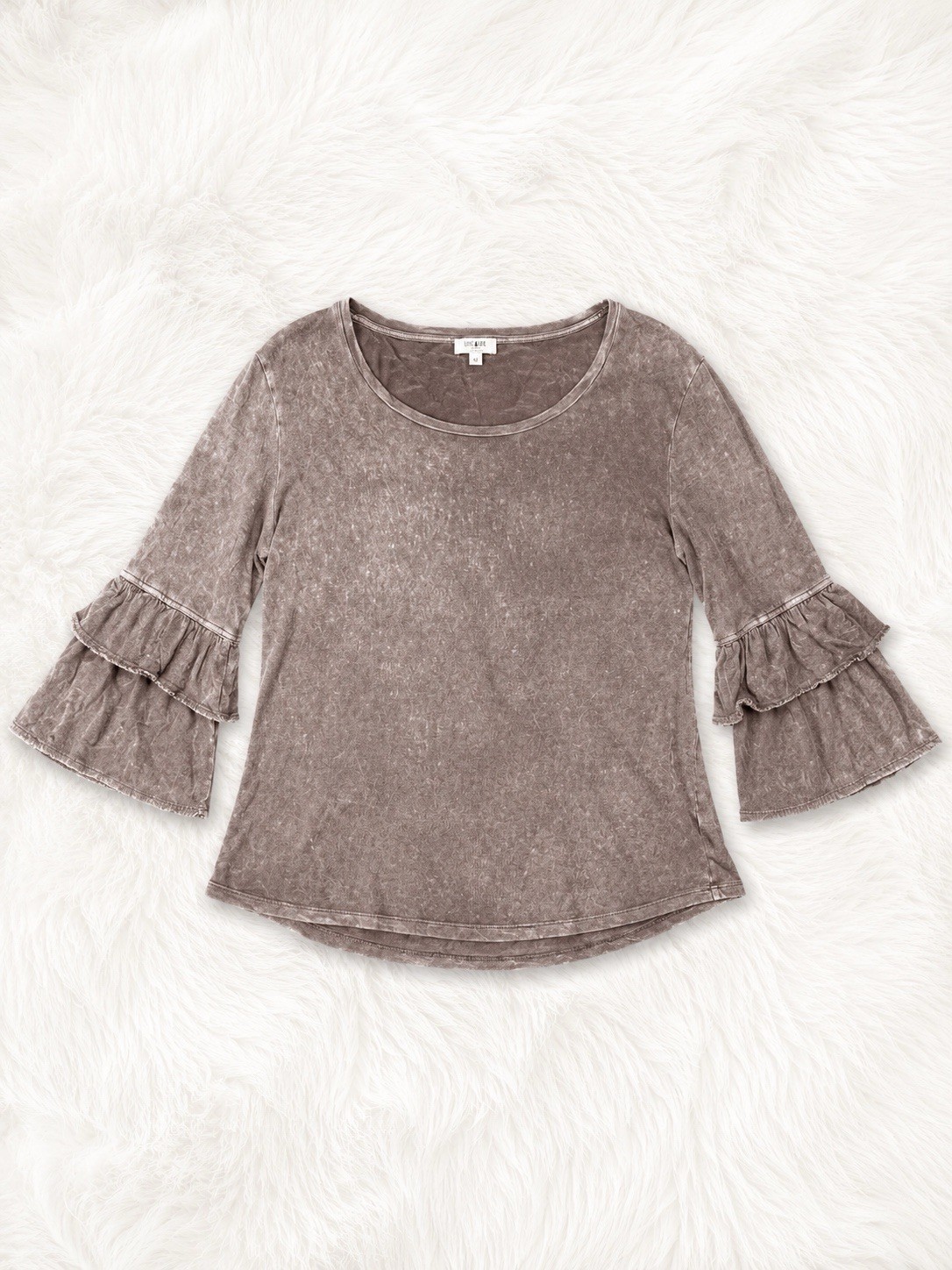 Umgee Large Mineral Wash Ruffle Bell Sleeve Top Boho Boutique Mauve Taupe