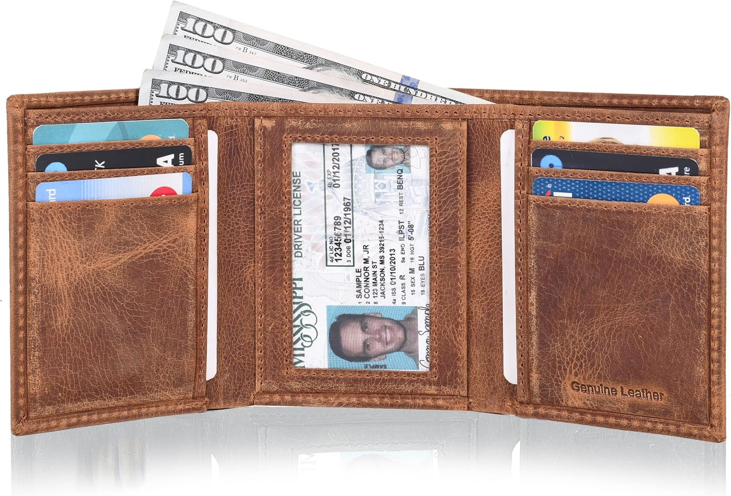 Tri Fold Leather Wallet for Men with RFID | Slim Wallets for Men with 1 ID and 6