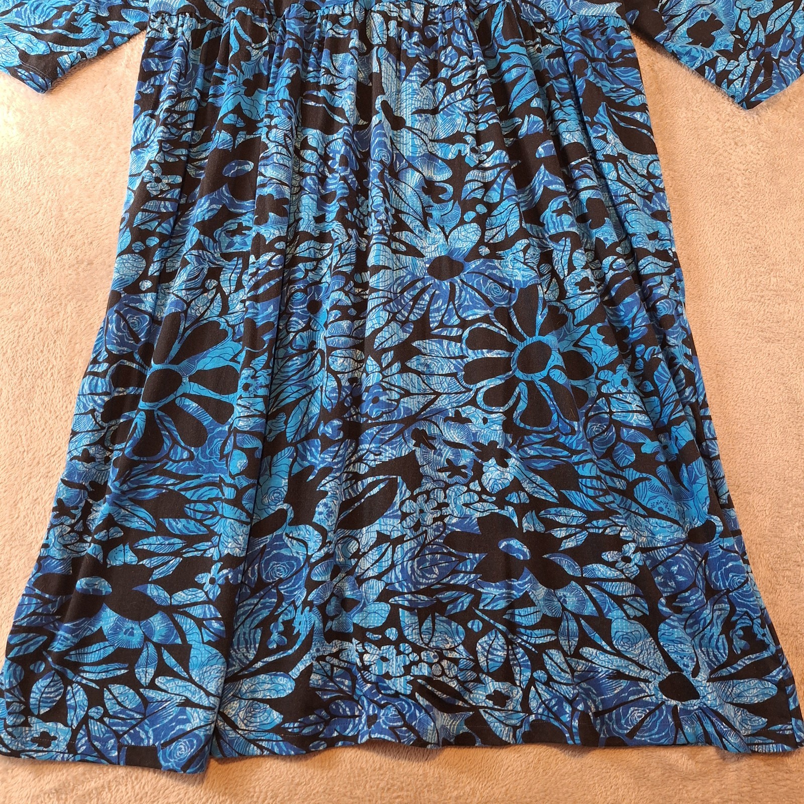 Ulla Popken Knit Dress Womens 24 26 Blue 3/4 Sleeve Floral Cotton Midi House