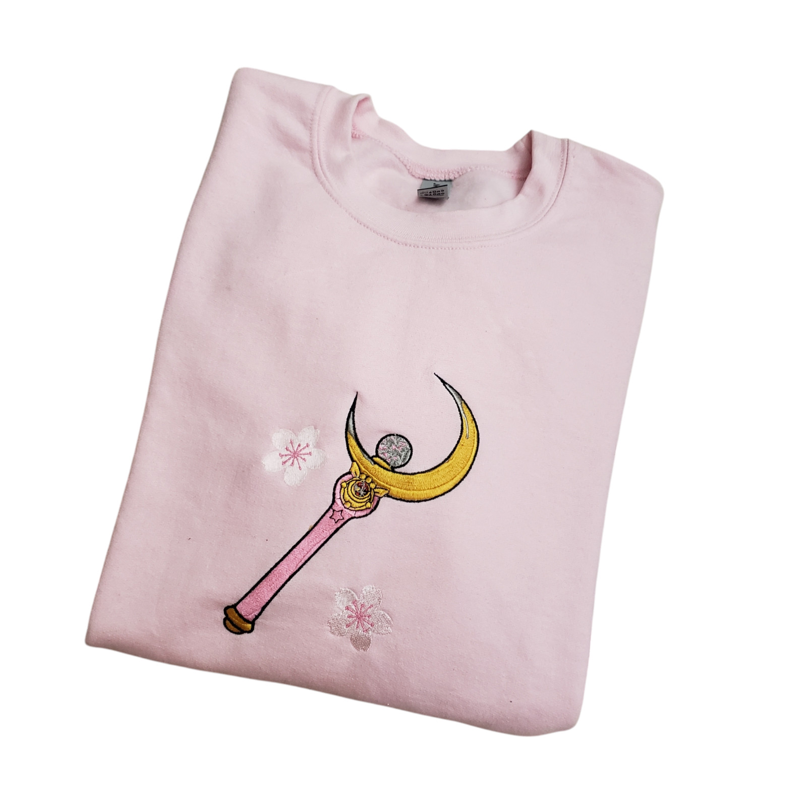 Sailor Moon Crescent Moon Cherry Blossom Embroidered Crewneck Sweater Pink Sz M