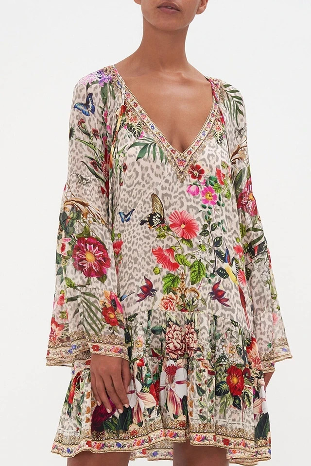 Camilla M/L 12 LEOS BOUQUET A-Line Gathered Panel Dress Short Silk Crystals $699