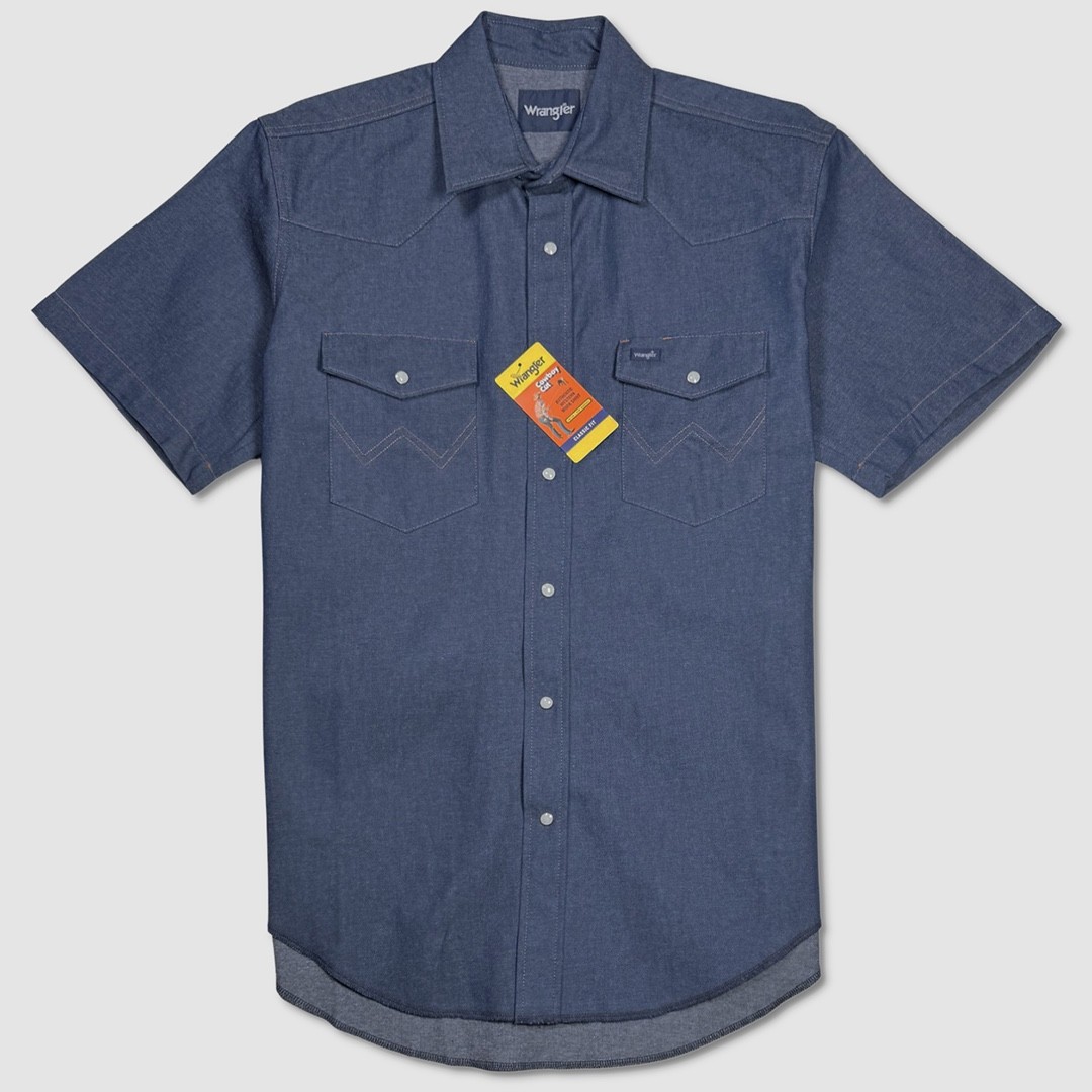 Mens Wrangler Pearl Snap Western Work Shirt – NWT Large Blue Denim – #47145-F7
