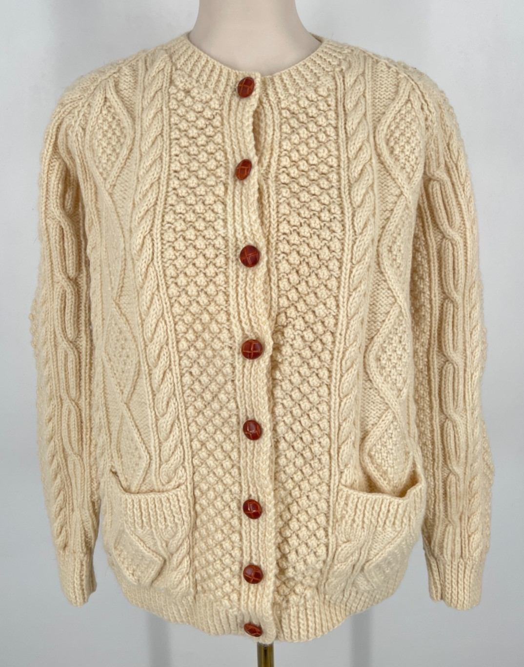 John Molloy women’s XL (L) Wool Ireland Cream Cable Knit Cardigan button Sweater