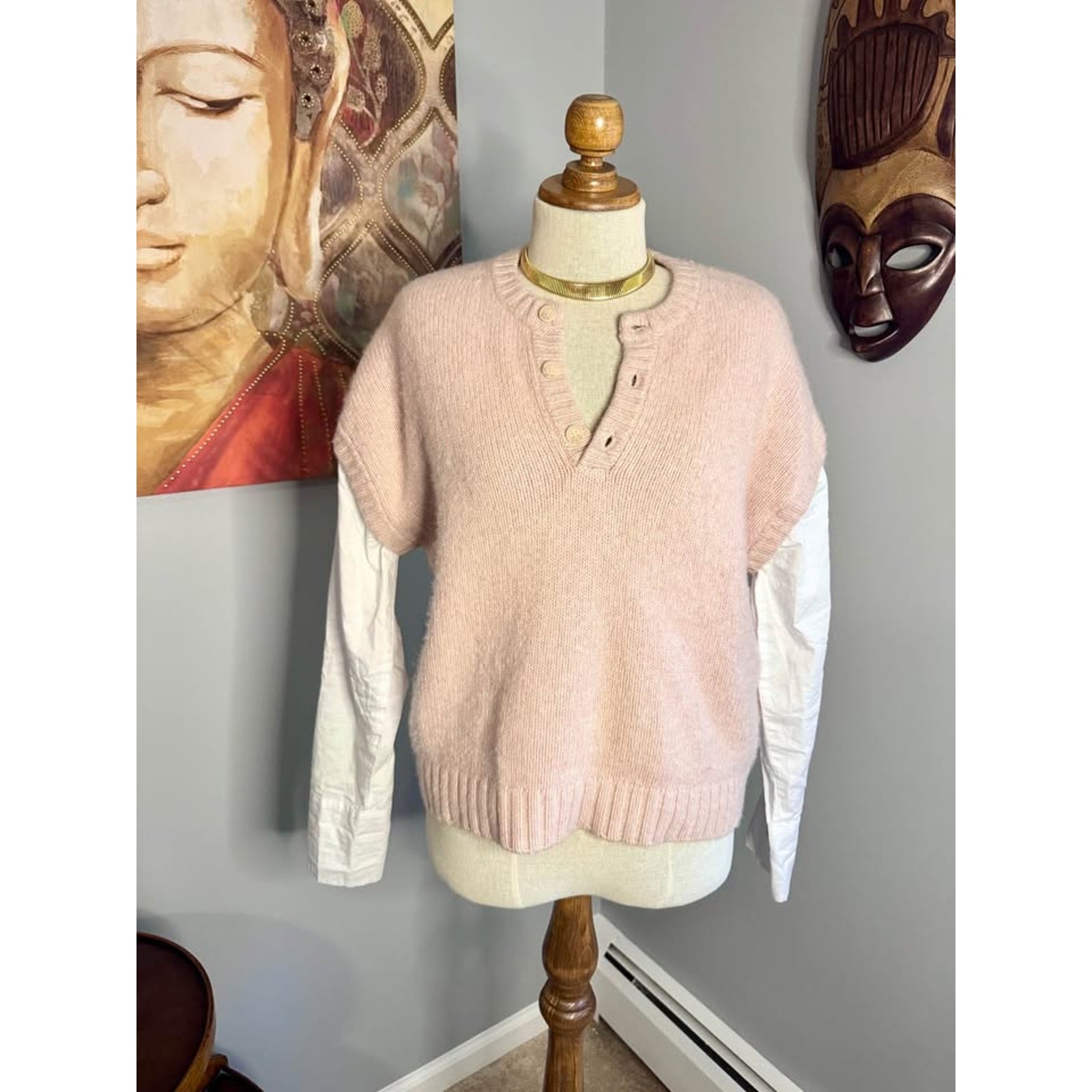 Naadam Cotton/Cashmere Blend Blush Mixed Media Henley Knit Sweater