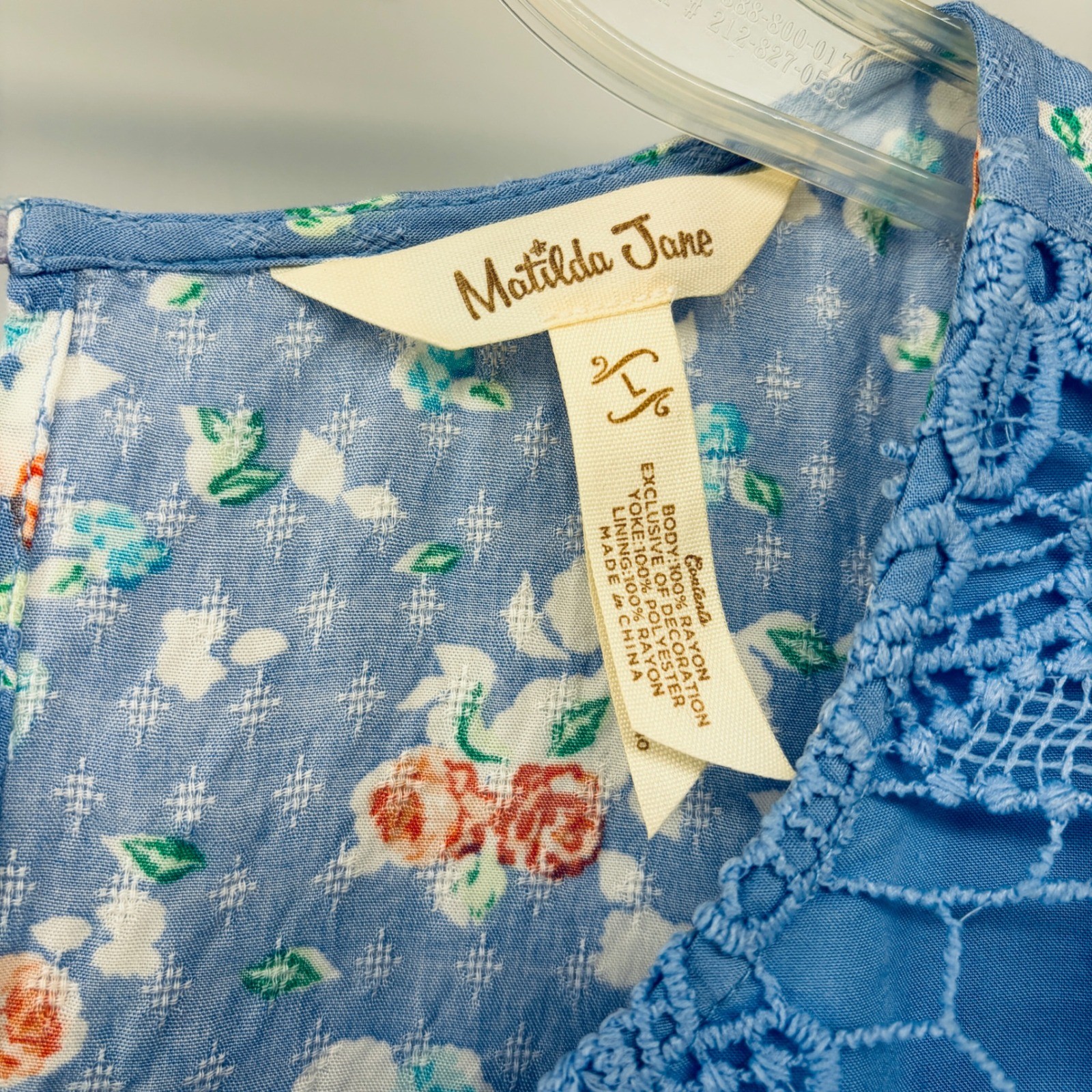 Matilda Jane Top Large Blue Floral Crochet Lace Butterfly Sleeve Boho Flowing