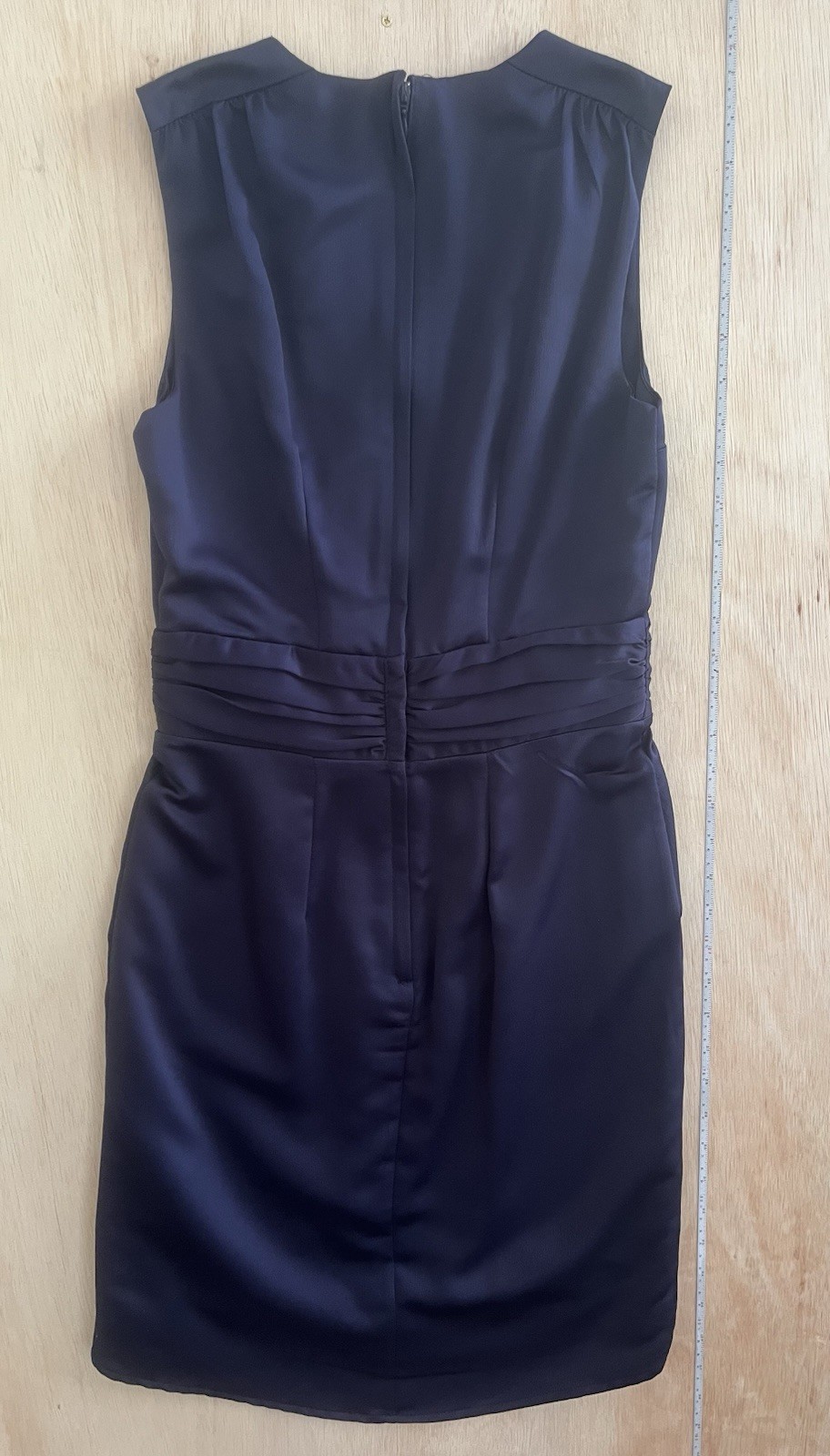H&M Navy Solid Satin Sheath Dress Sleeveless V-Neck Pleated Size 4 Cocktail